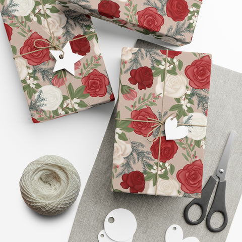 Christmas Floral Gift Wrap Papers - Holiday Red White Berries Festive Wrapping Sheets, Home Decor Craft Supplies