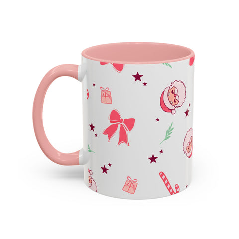 Coffee Mug - Pink Santa and Bows Mug, Holiday Mug, Ceramic Mug, Christmas Mug, Festive Drinkware, Hot Cocoa Cup